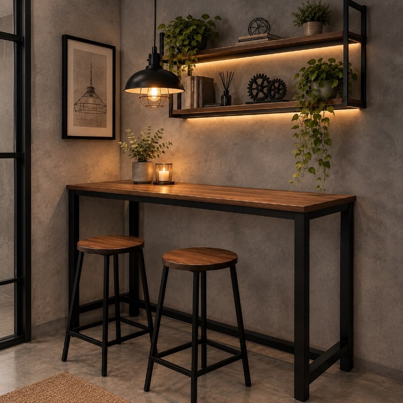 Solid wood bar table and two stools beneath lit wall shelves