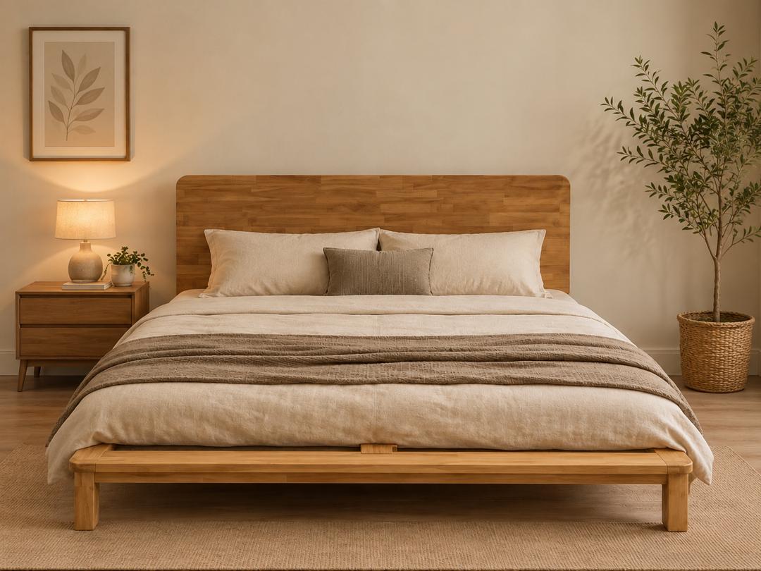 Low solid wood bed frame with matching headboard and bedside table