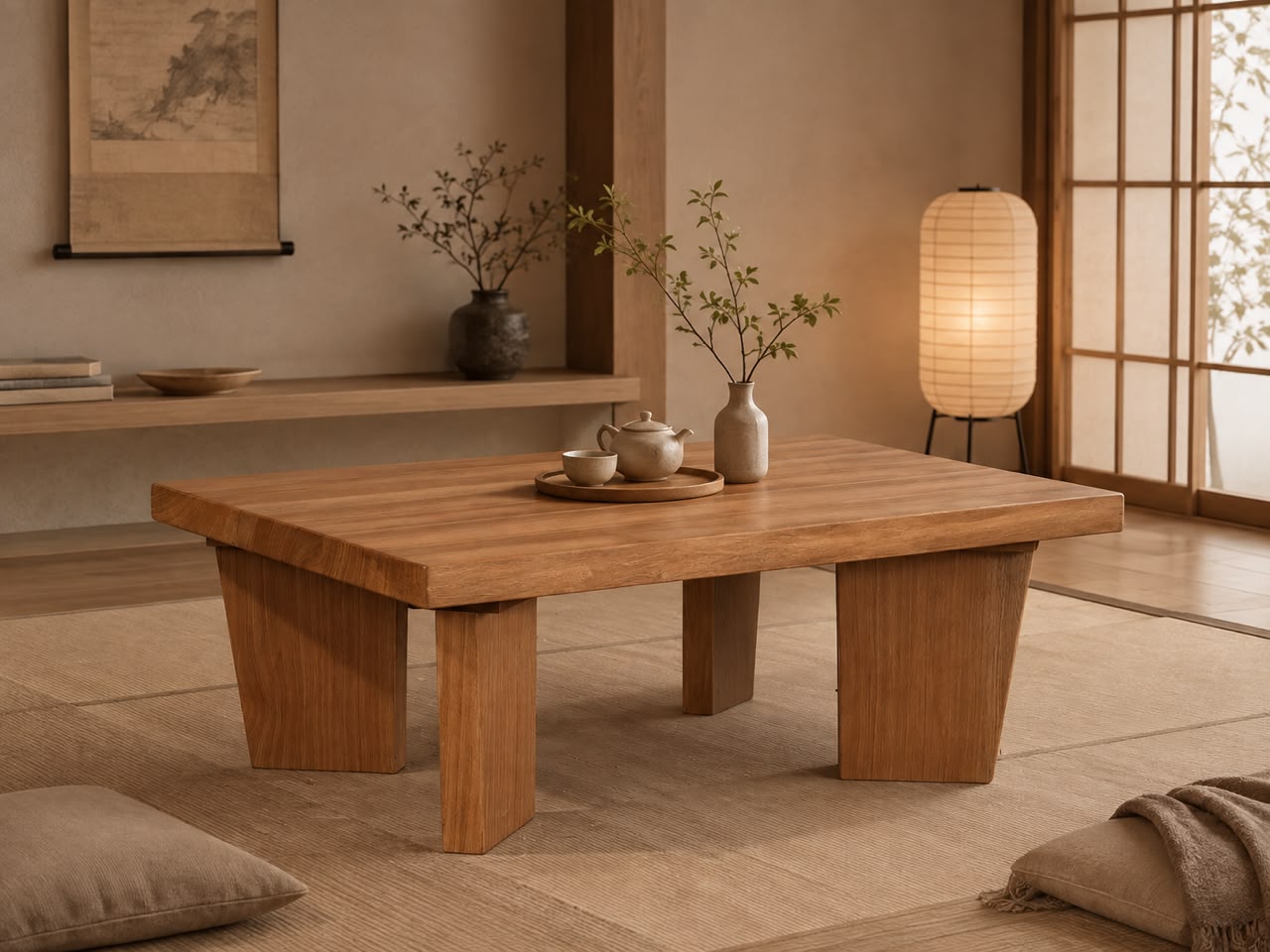 Low solid wood coffee table with chunky legs in a calm living room