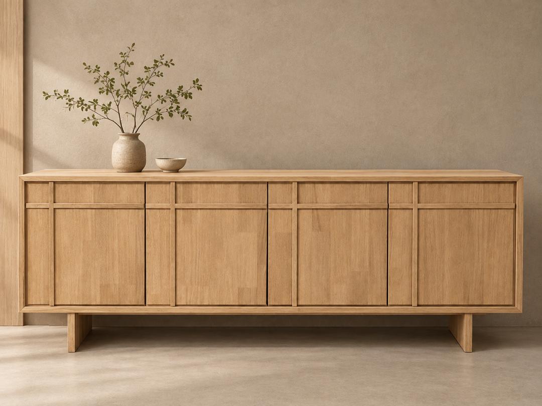 Light solid wood console with panelled doors against a beige wall