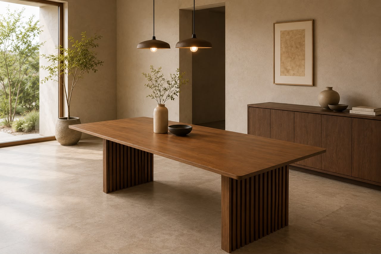 Rectangular solid wood dining table with slatted pedestal legs