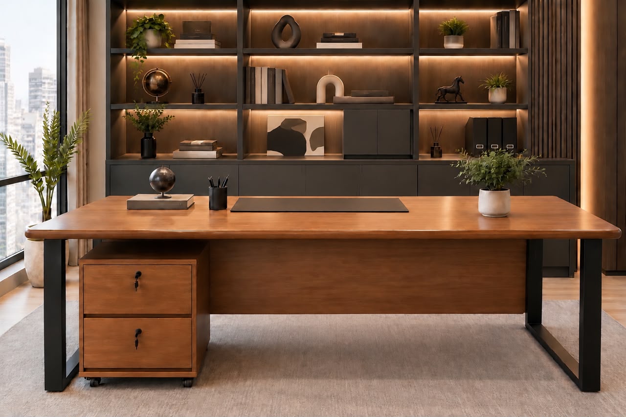 Solid wood office desk with drawers in front of lit shelving