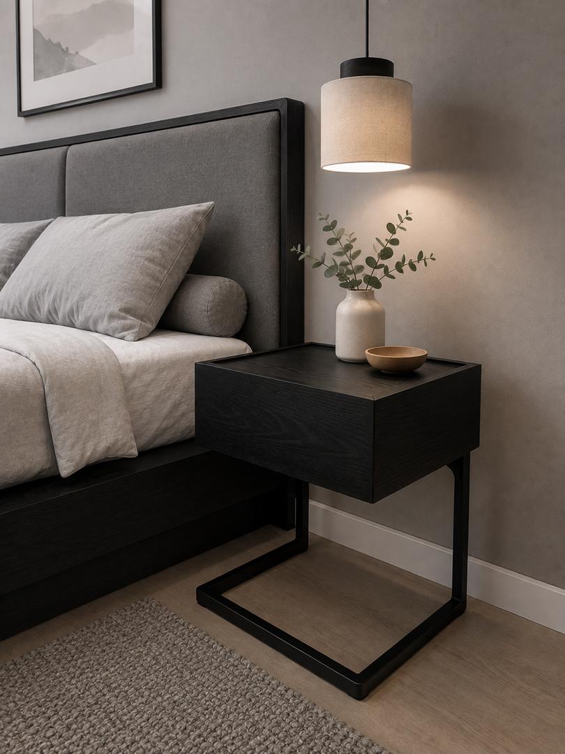 Black side table with a drawer beside an upholstered bed