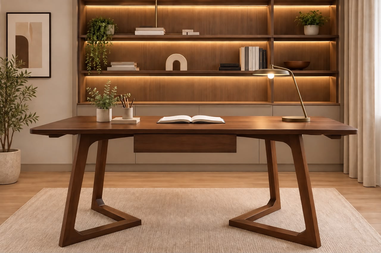 Solid wood study table with angled legs in a home office