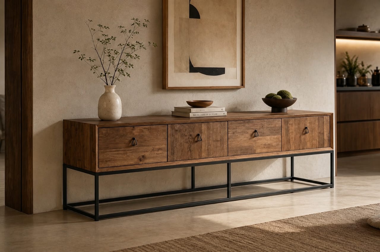 Solid wood console with four drawers on a black metal frame