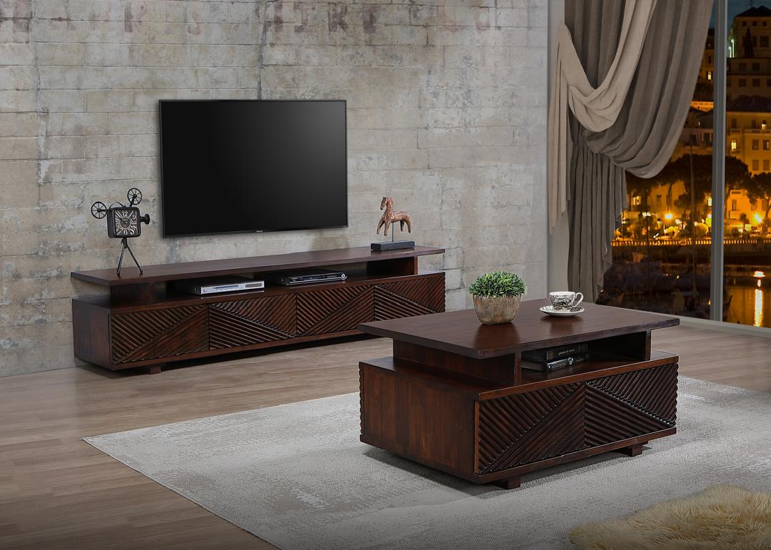 Dark solid wood TV console and matching coffee table in a living room