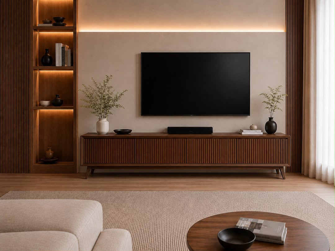 Long dark wood TV console under a TV with lit shelving on one side