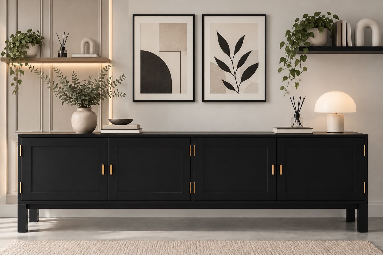 Black solid wood TV console with brass handles under framed prints