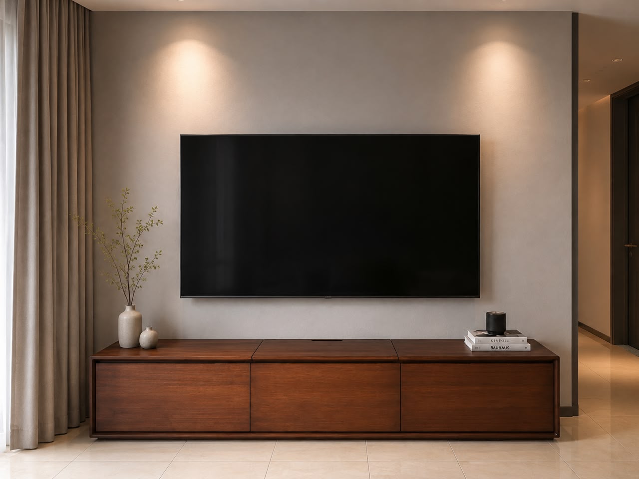 Low walnut toned TV console with three panels under a wall mounted TV