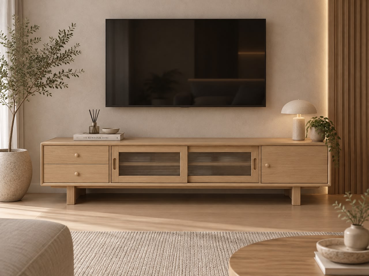 Light solid wood TV console with glass doors under a wall mounted TV