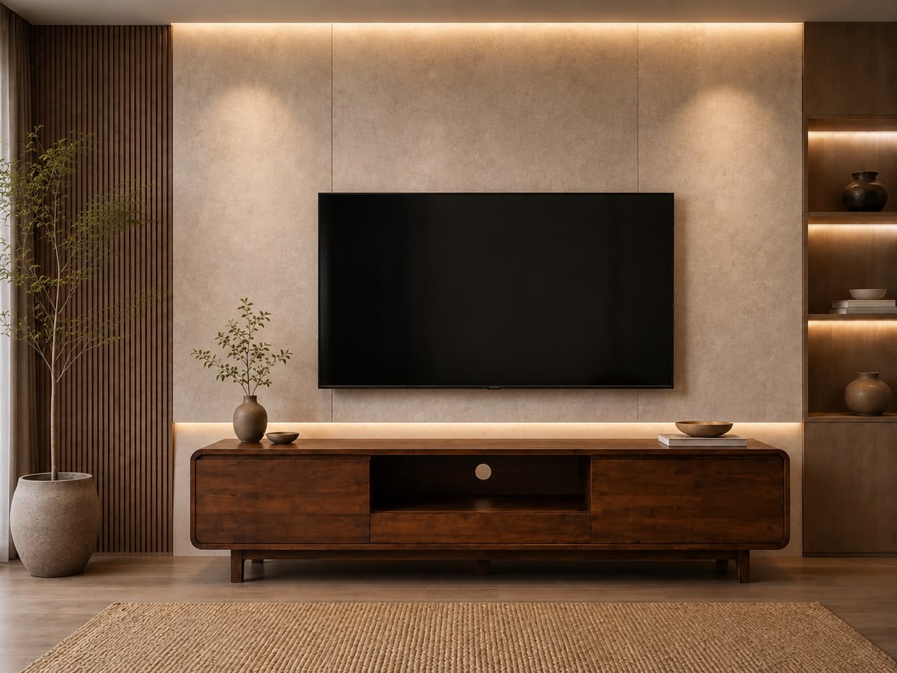 Dark solid wood TV console with an open shelf under a wall mounted TV